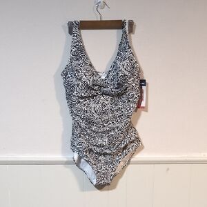 Lands' End Black and White Paisley One Piece Swimsuit